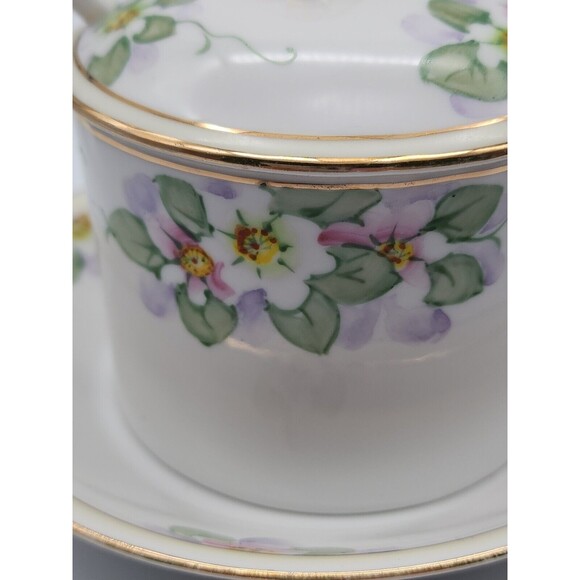 VTG Nippon Hand Painted Sugar Bowl w Attached Under Plate & Spoon Floral Design - Picture 10 of 12